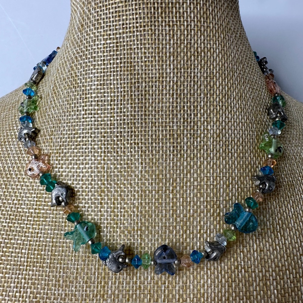 Vintage Silver Tone Dolphin and Fish Beaded‎ Necklace Multi Color Coastal Summer